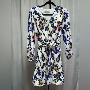 Taylor Printed Madeline Crepe Tie-Waist Pleated Dress | size Medium